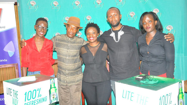 Afsa Umutesi, from House of DJs, musician Sammy Kasule, Grace Namutebi, Tusker Lite’s brand manager, Qwela Junction’s Joe Kahirimbanyi and NTV Uganda and Spark TV’s brand manager, Mercy Natukunda, pose for the cameras at a press conference earlier today, at Kampala Serena Hotel, where the Bosses of Bass Qwela Junction is taking place this Sunday. Photo by EDGAR R. BATTE.