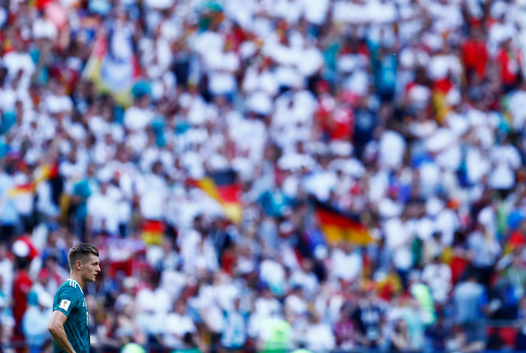 Germany's midfielder Toni Kroos reacts following his team's loss during the Russia 2018 World Cup Group F football match between South Korea and Germany at the Kazan Arena in Kazan