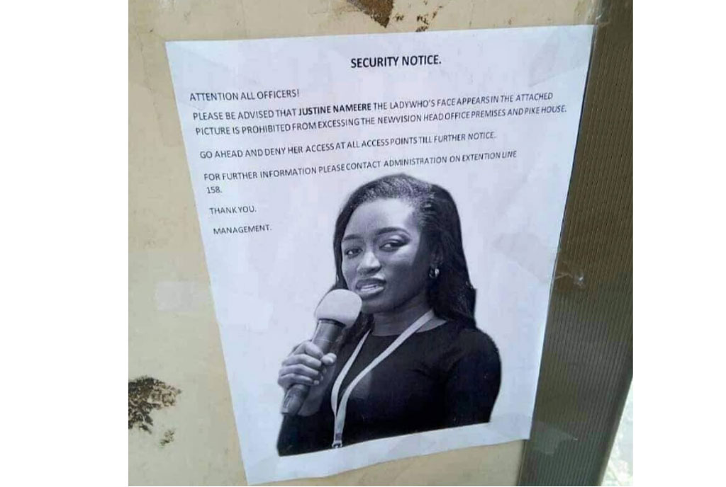 A poster a the entrance of New Vision Head office bans Justine Nameere from accessing the premises