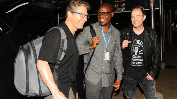 Jazz producer Chris Lang(L) saxophonist Isaiah Katumwa (C) and saxophonist Darren Rahn (R) on arrival at Entebbe Aiport on Tuesday night. (PHOTO BY EDDIE CHICCO)
