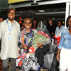 Saxophonist Isaiah Katumwa (L) and UBL's Luxury Portfolio Manager Annette Nakiyaga (R) welcome Grammy Award winner Angelique Kidjo (M) at Entebbe Airprort on Sunday night. Angelique is set to perform at the Kampala Serena Hotel on Tuesday April 30 in a show to commemorate World Jazz Day. She will share the stage with Darren Rahn and Katumwa in the show powered by Johnnie Walker.